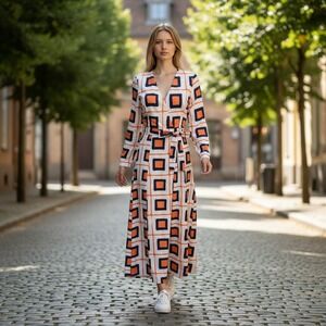 Hutch Wrap Maxi Dress Womens XS White Orange Geometric Long Sleeve Belted V Neck